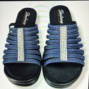 Skechers Rumbler Hotshot Navy Rhinestone Wedge Sandals Memory Foam Comfort, 10